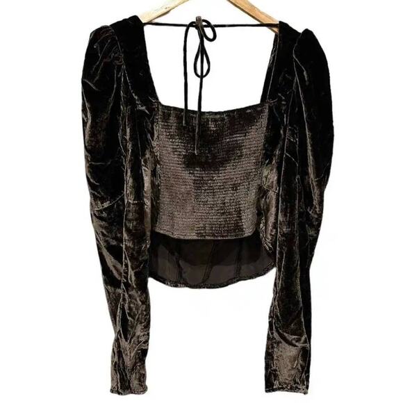 New Free People Bridgette Long Sleeve Velvet Top $128 X-SMALL Brown Corset Insp - Picture 5 of 6